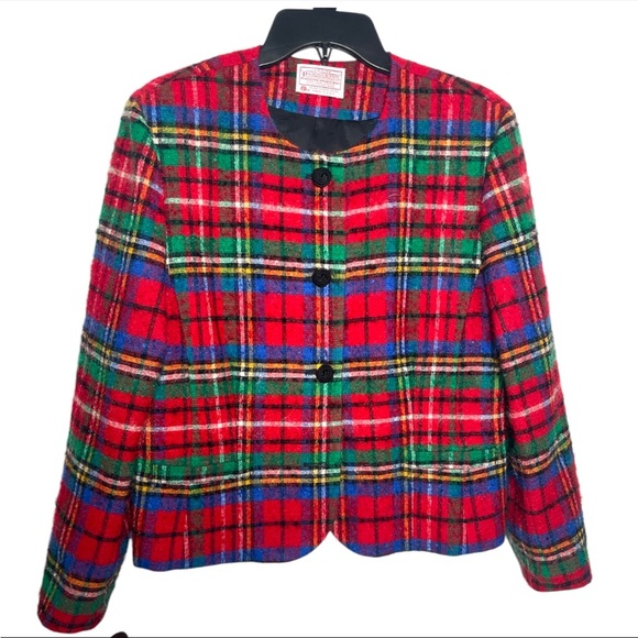 Pendleton Women’s 100% Virgin Wool Plaid Blazer Jacket Red Black Vintage USA 14P - Picture 1 of 4